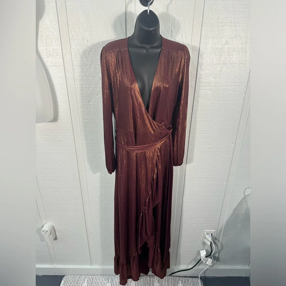 WAYF Women’s Meryl Long-Sleeve V Neck Metallic Wrap Long Sleeve Dress SZ XS NWT - Picture 2 of 14